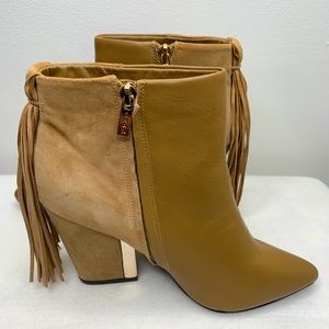 IMAN Platinum Jet Fringe Leather & Suede Bootie Festival Boho Tan Size 9